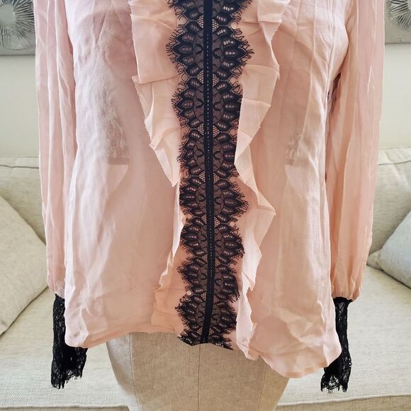 Nanette Lepore Silk Lace-Trim Blouse size 12 in Pink/Black - NEW - Picture 6 of 13